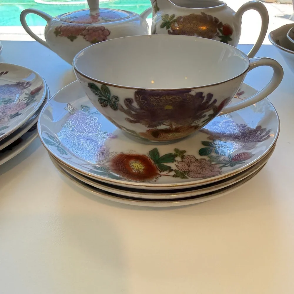 Vintage Japanese Kutani Porcelain Tea Set Floral Chrysanthemum Gold Gilt